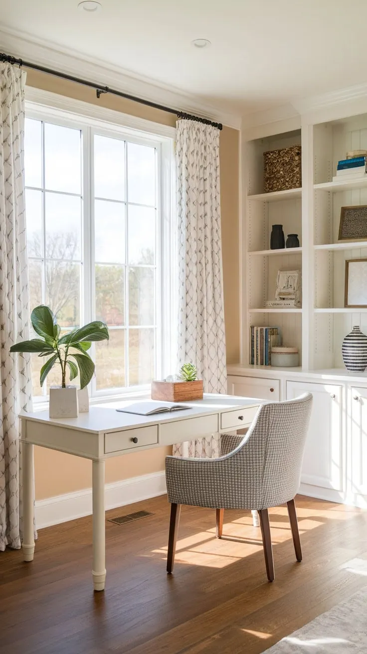 Natural light floods a serene farmhouse office, its white desk and beige walls complemented by wooden floors and tasteful décor.