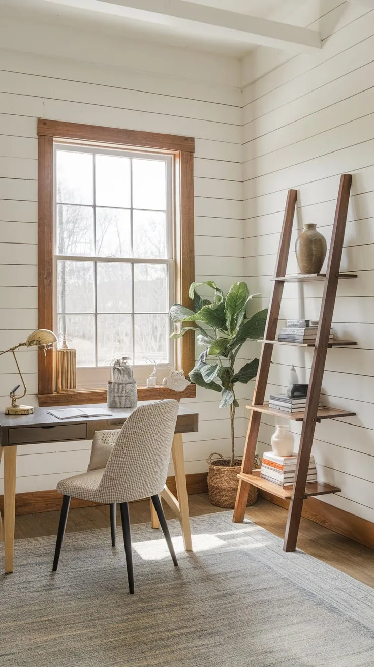 A bright farmhouse office blends modern design with vintage accents in a welcoming space.