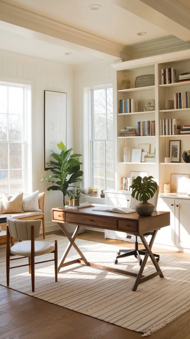 A bright, airy farmhouse office boasts a modern aesthetic, creating a productive and inviting workspace.
