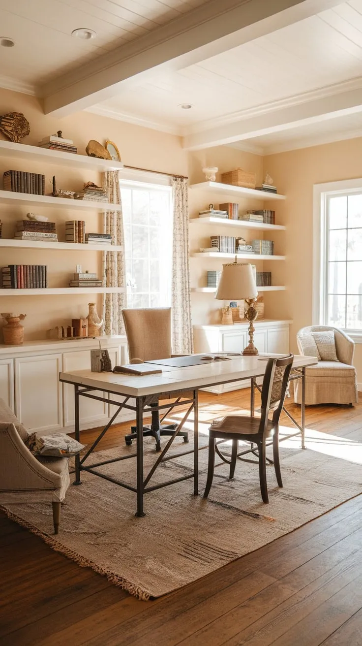 A warm and inviting farmhouse office features a white wooden desk, vintage lamp, and cozy seating, perfect for productive work.