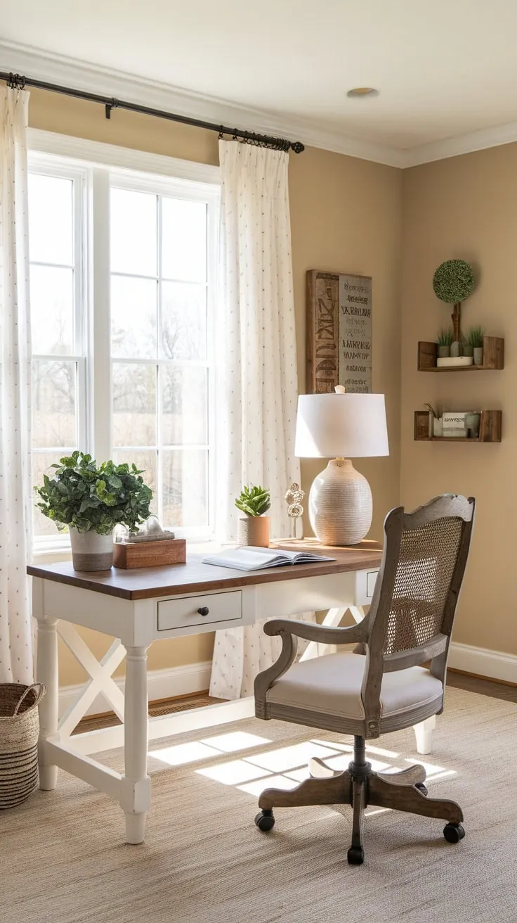 A bright farmhouse office boasts a modern aesthetic with a white desk, wooden accents, and a calming beige palette.