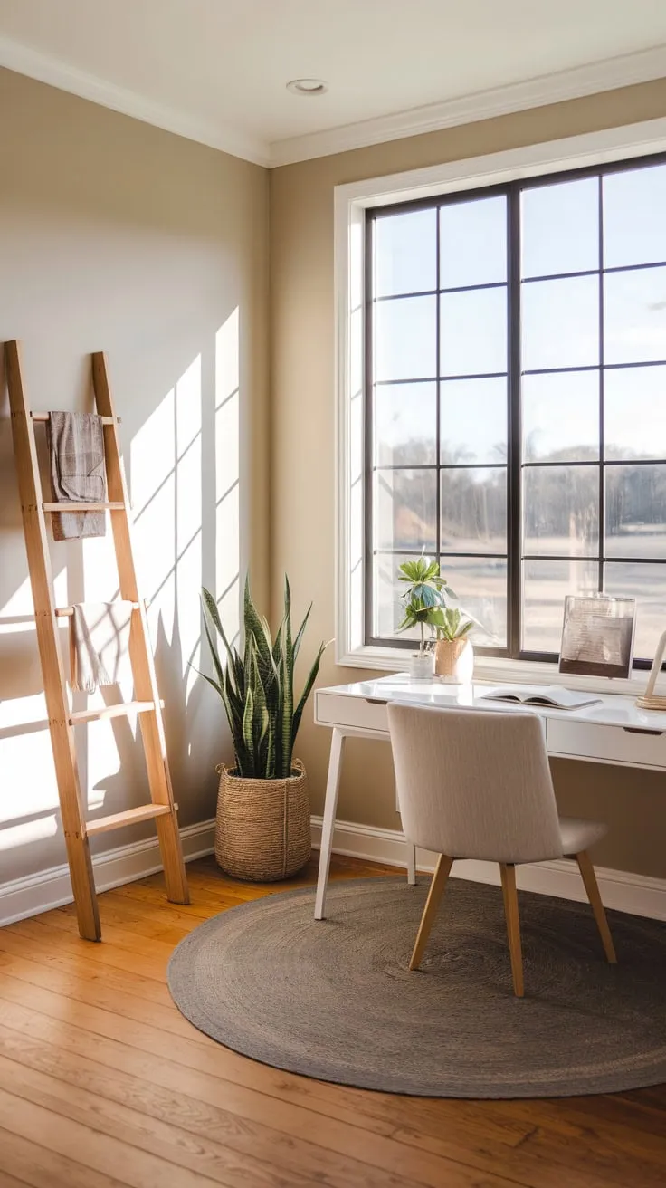 Sunlight streams into a calming farmhouse office, its modern white desk and wooden accents creating a productive yet inviting workspace.