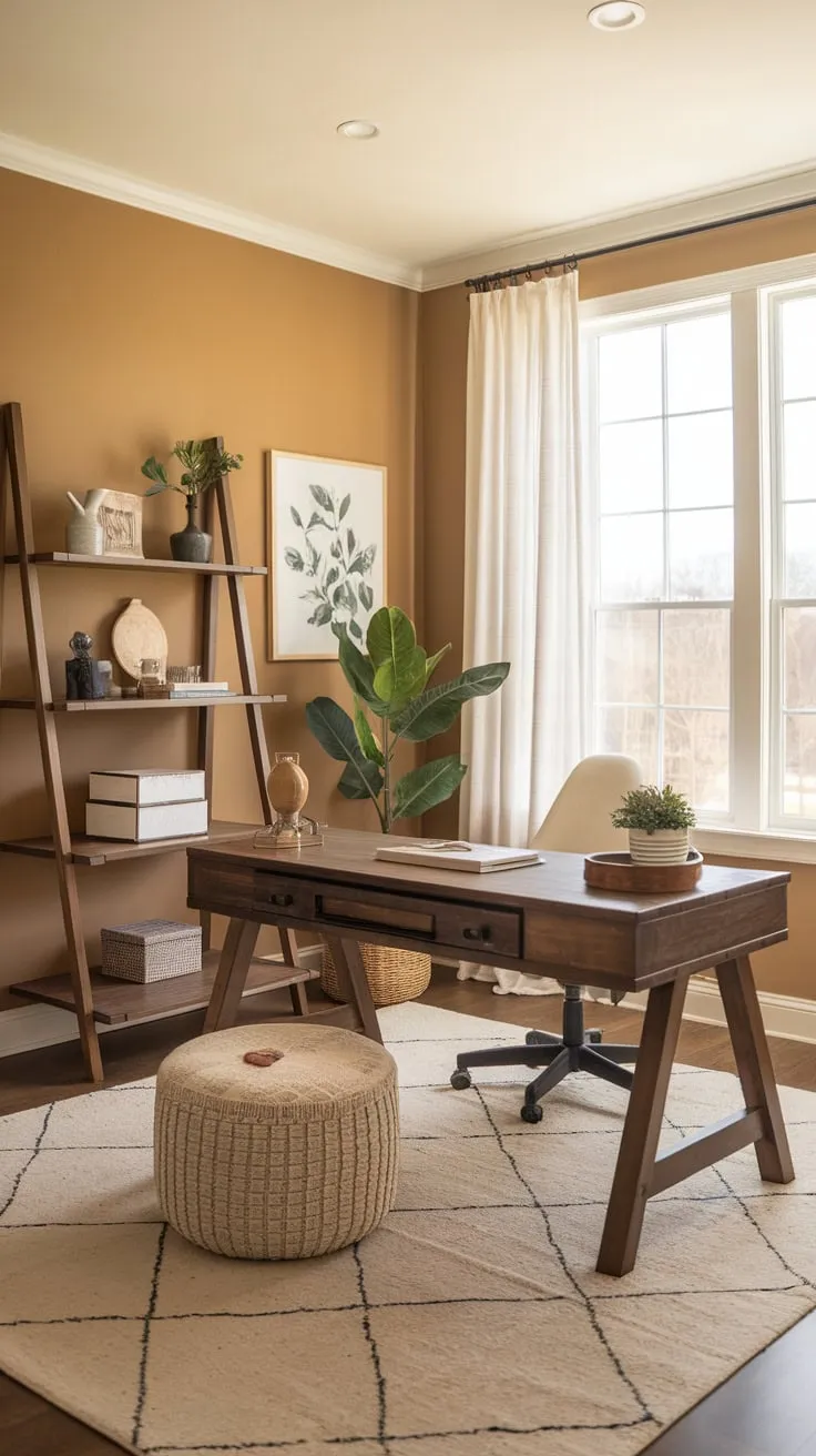Natural light floods a cozy farmhouse office featuring a wooden desk, ladder shelf, and warm beige walls.
