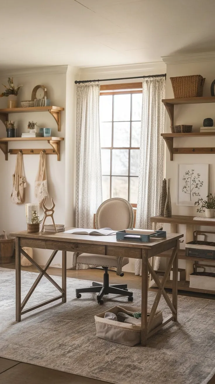 Warmth and charm fill a farmhouse office, its wooden desk and cozy décor creating a perfect workspace.