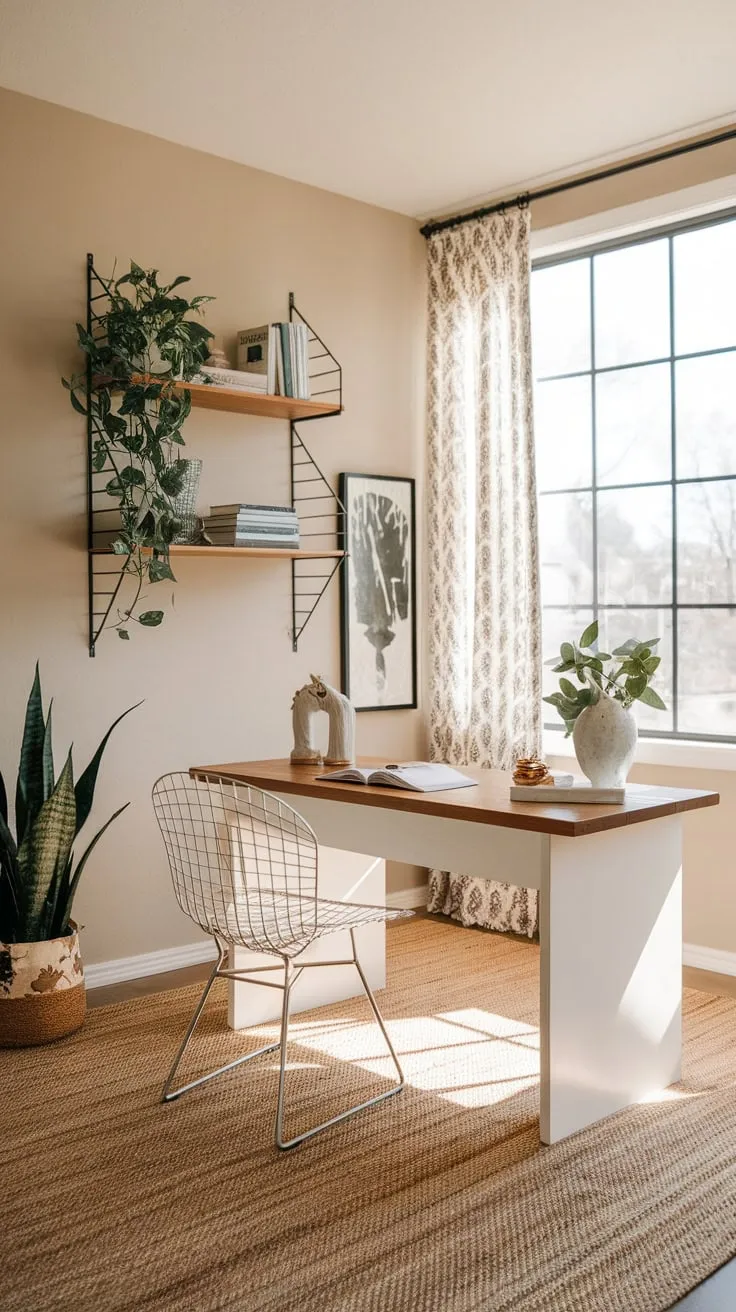 A modern farmhouse office bathed in sunlight features a white desk, wire chair, and warm wooden details creating a peaceful workspace.