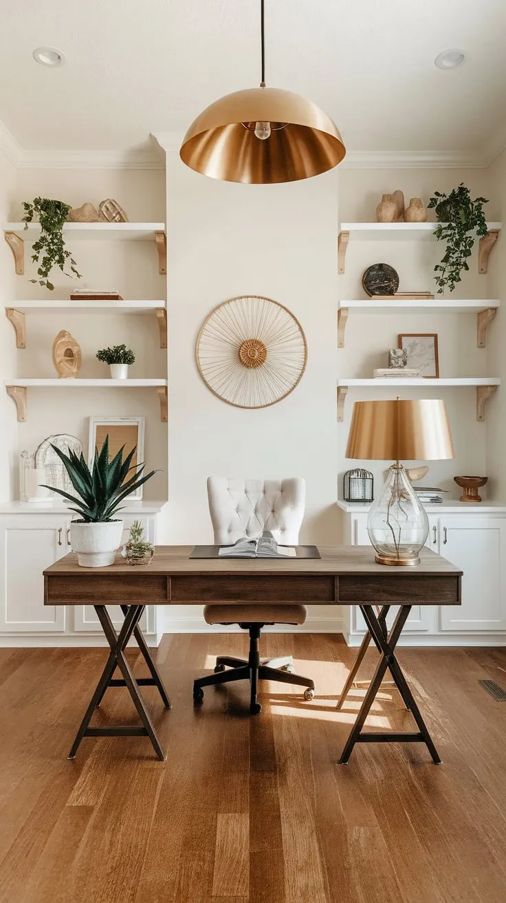 A modern farmhouse office basks in sunshine, its wooden floors and white-shelved walls complementing a cozy workspace.