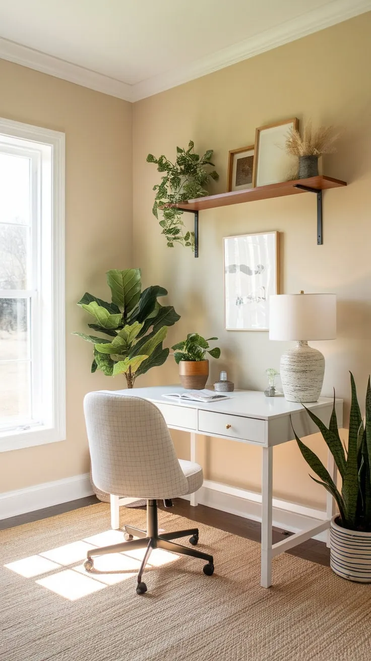 A bright, airy farmhouse office showcases a stylish blend of modern design and natural elements.