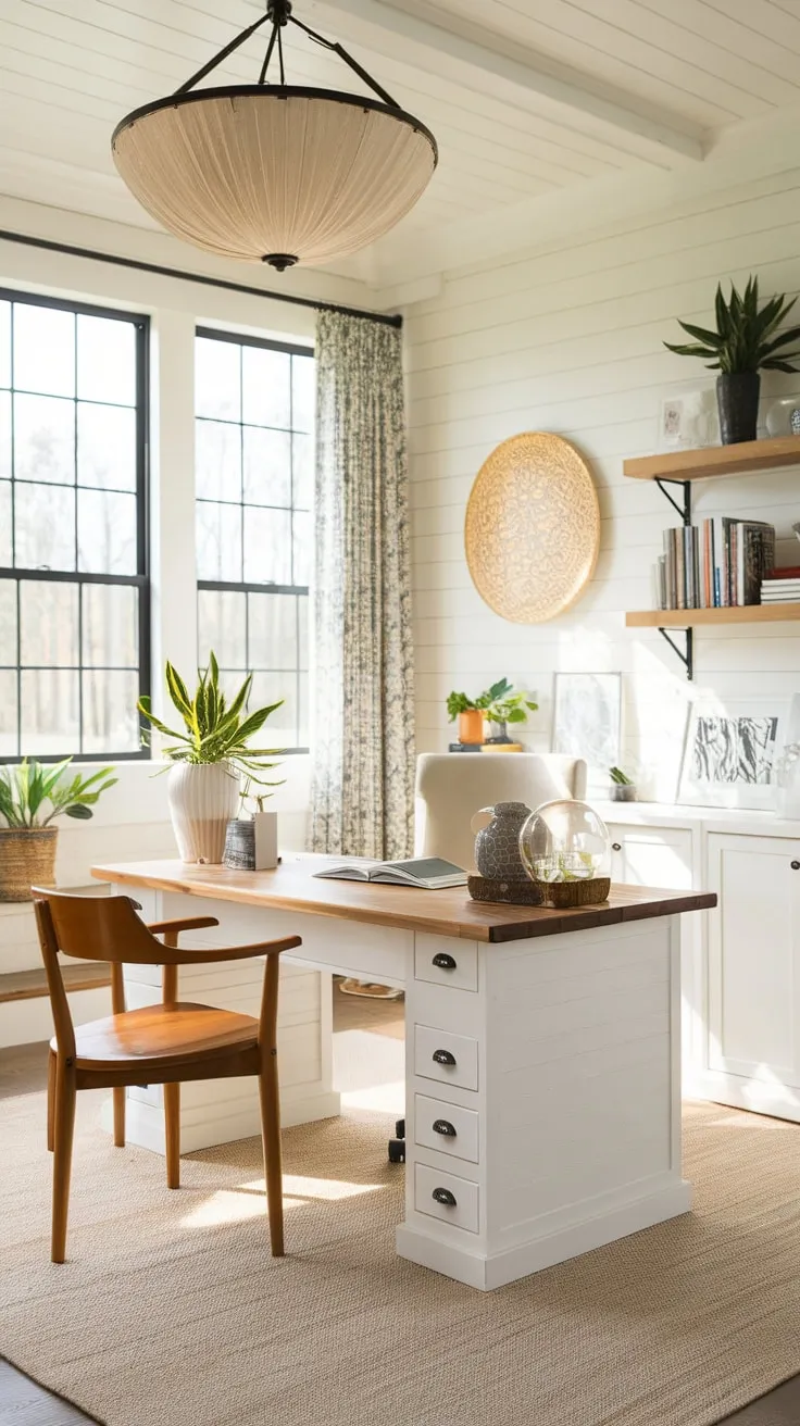 A bright farmhouse office showcases a stylish modern aesthetic within a cozy, book-lined space.
