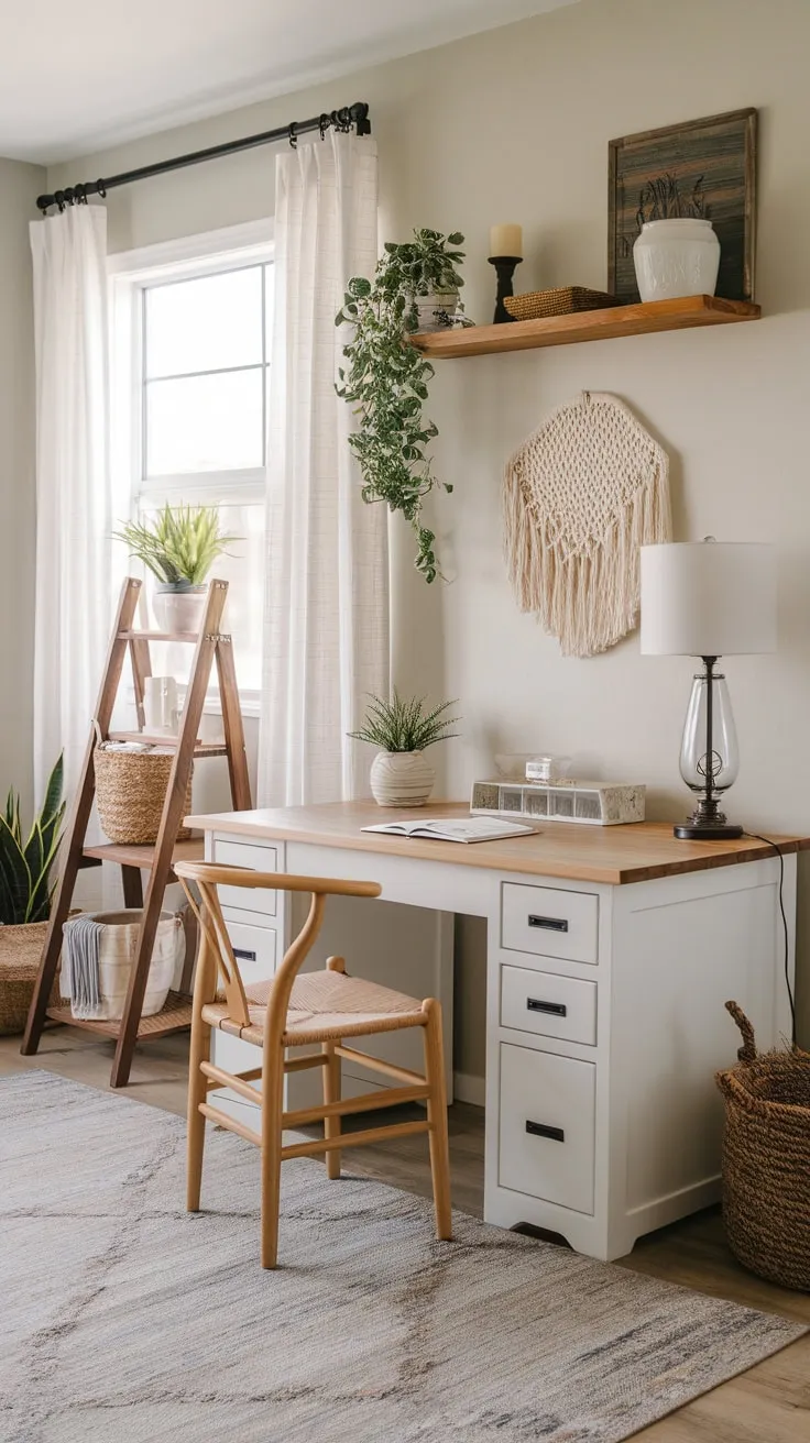 A bright farmhouse office blends modern design with vintage accents, creating a cozy and productive workspace.