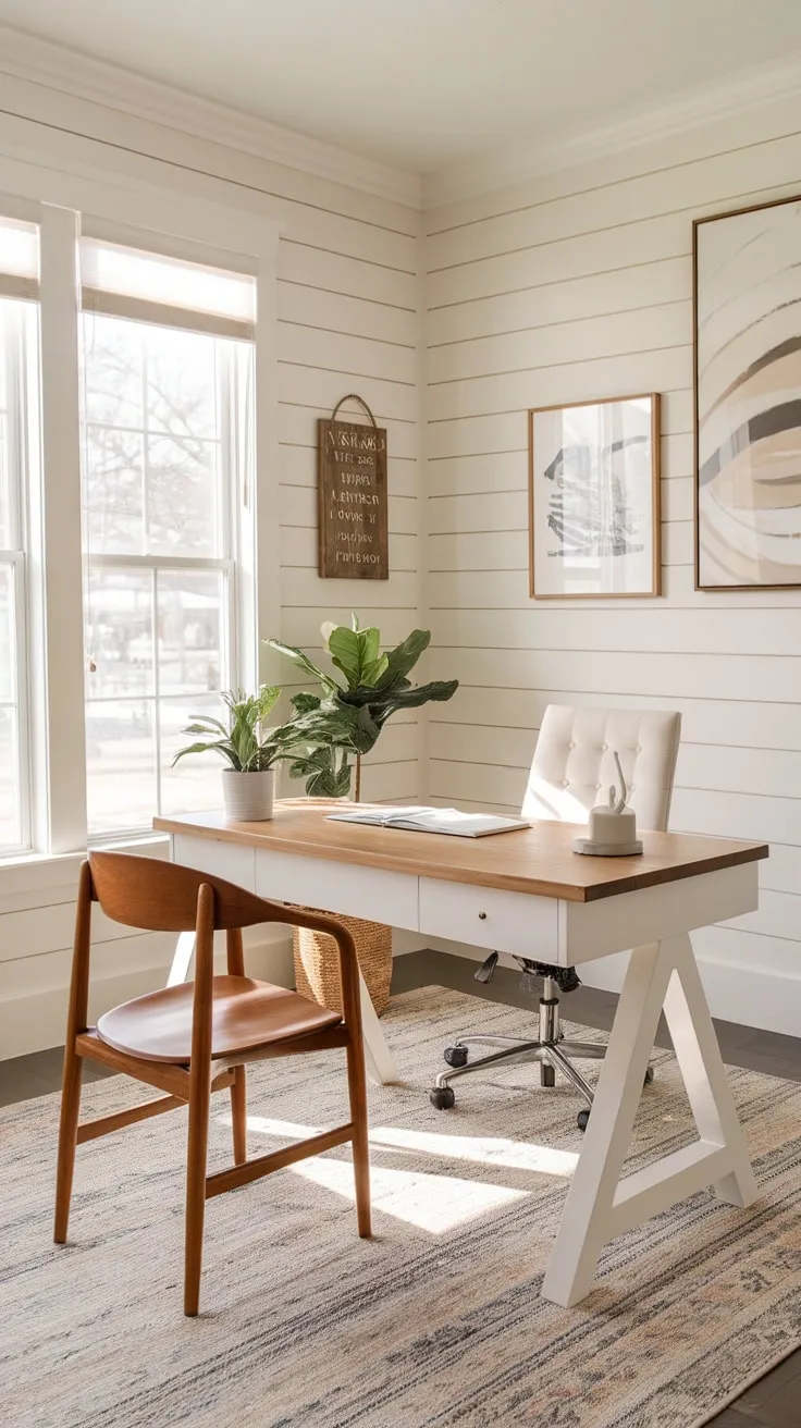 A modern farmhouse office bathed in sunlight offers a serene and productive atmosphere with white shiplap, a wooden desk, and stylish accents.