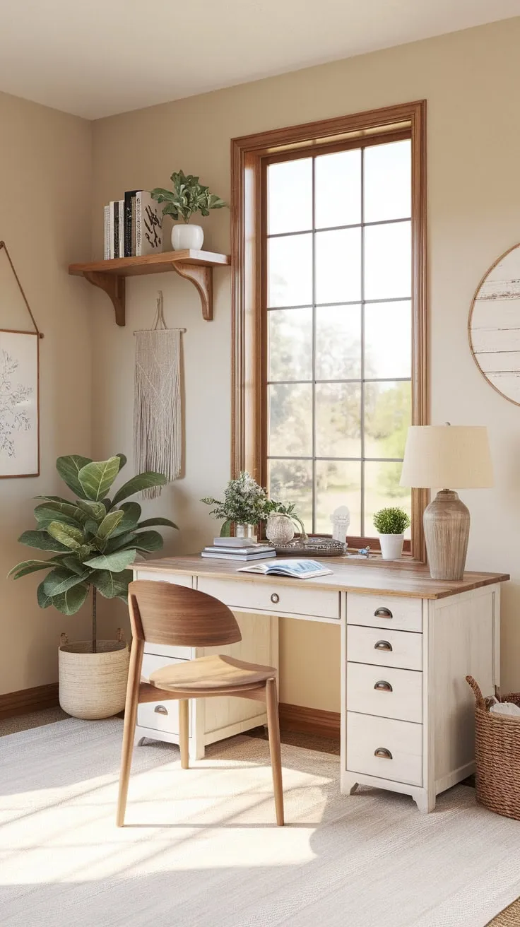 A bright farmhouse office boasts a white desk, wooden accents, and natural light streaming through a large window.