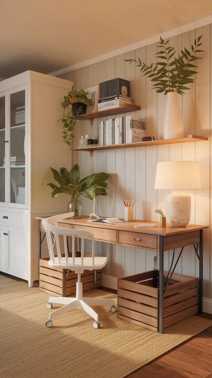 Warm light bathes a farmhouse office, its wooden desk and cozy details creating a productive yet inviting workspace.