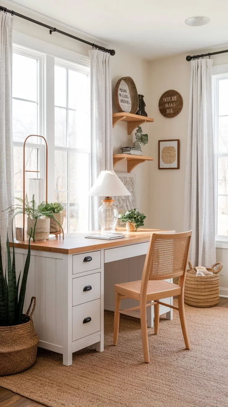 A bright farmhouse office boasts a white desk, woven accents, and curated décor, creating a serene and productive workspace.