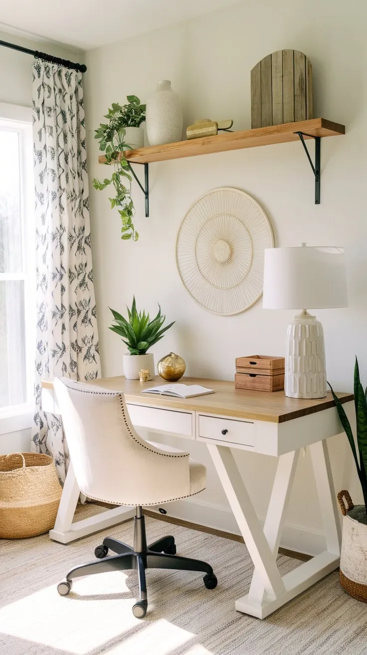 A bright farmhouse office boasts a modern white desk, wooden accents, and tasteful decor, creating a serene workspace.