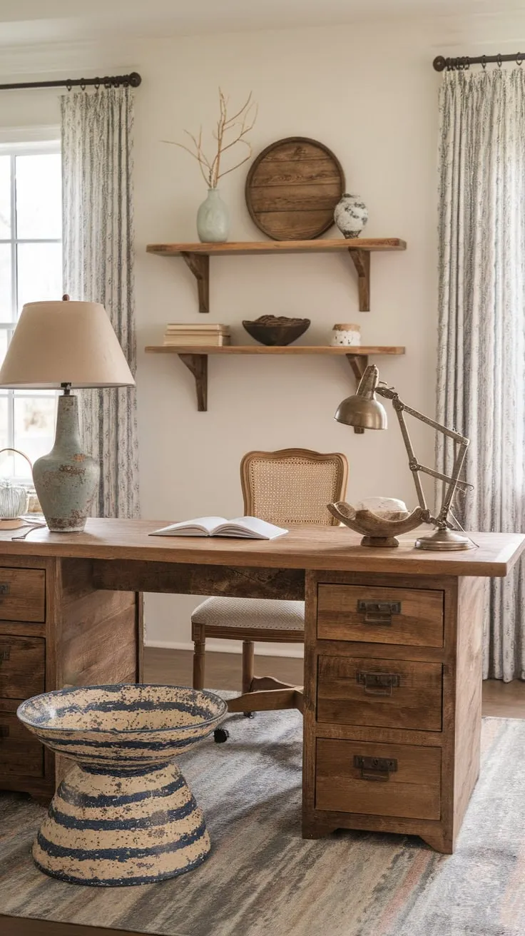 Warmth and inviting style define this farmhouse office, complete with a wooden desk, vintage lamp, and cozy window.