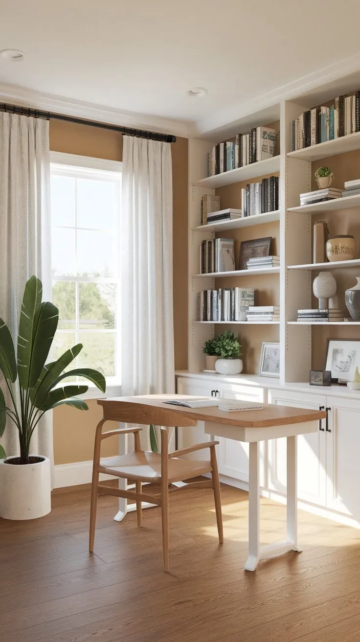 A bright farmhouse office boasts a modern white desk, wooden chair, and book-filled shelves, creating a peaceful workspace.