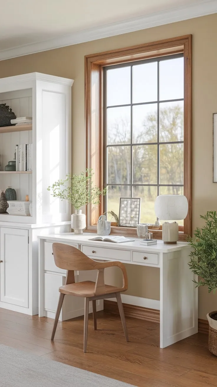 A bright farmhouse office boasts a white desk, wooden chair, and calming décor, bathed in natural light from a large window.