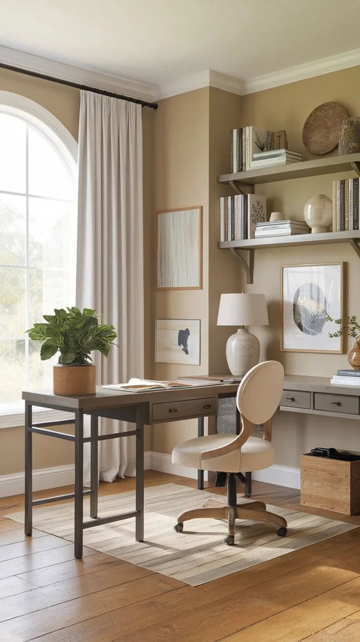 A sun-drenched farmhouse office boasts a peaceful atmosphere, featuring a wooden desk, a leafy plant, and bookshelves filled with character.
