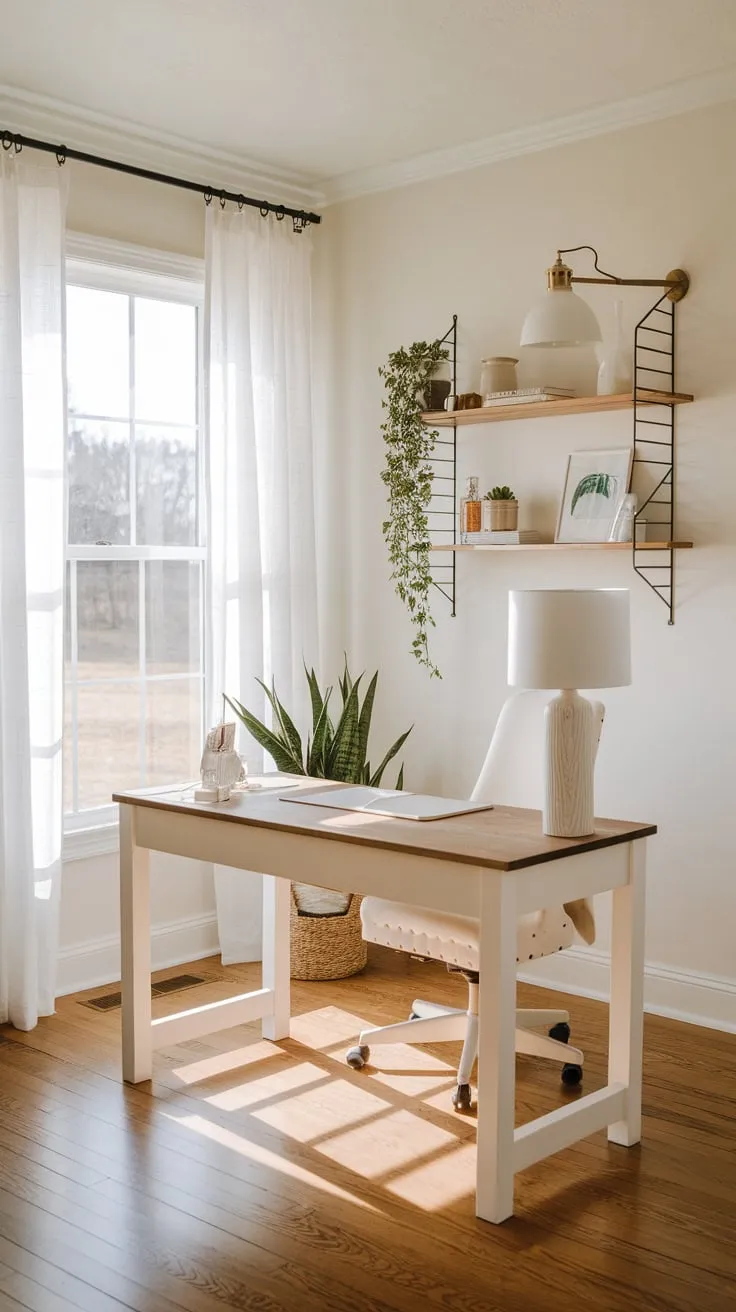 Sunlight streams into a charming farmhouse office, its modern white desk and wooden accents complemented by natural light and greenery.