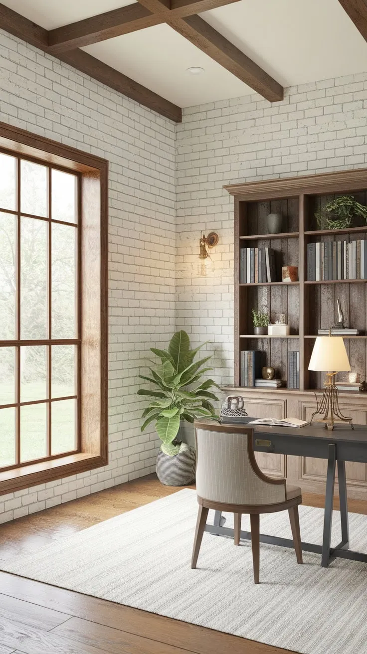 Natural light floods a farmhouse office, blending modern accents with exposed beams and a white brick wall for a stylish workspace.