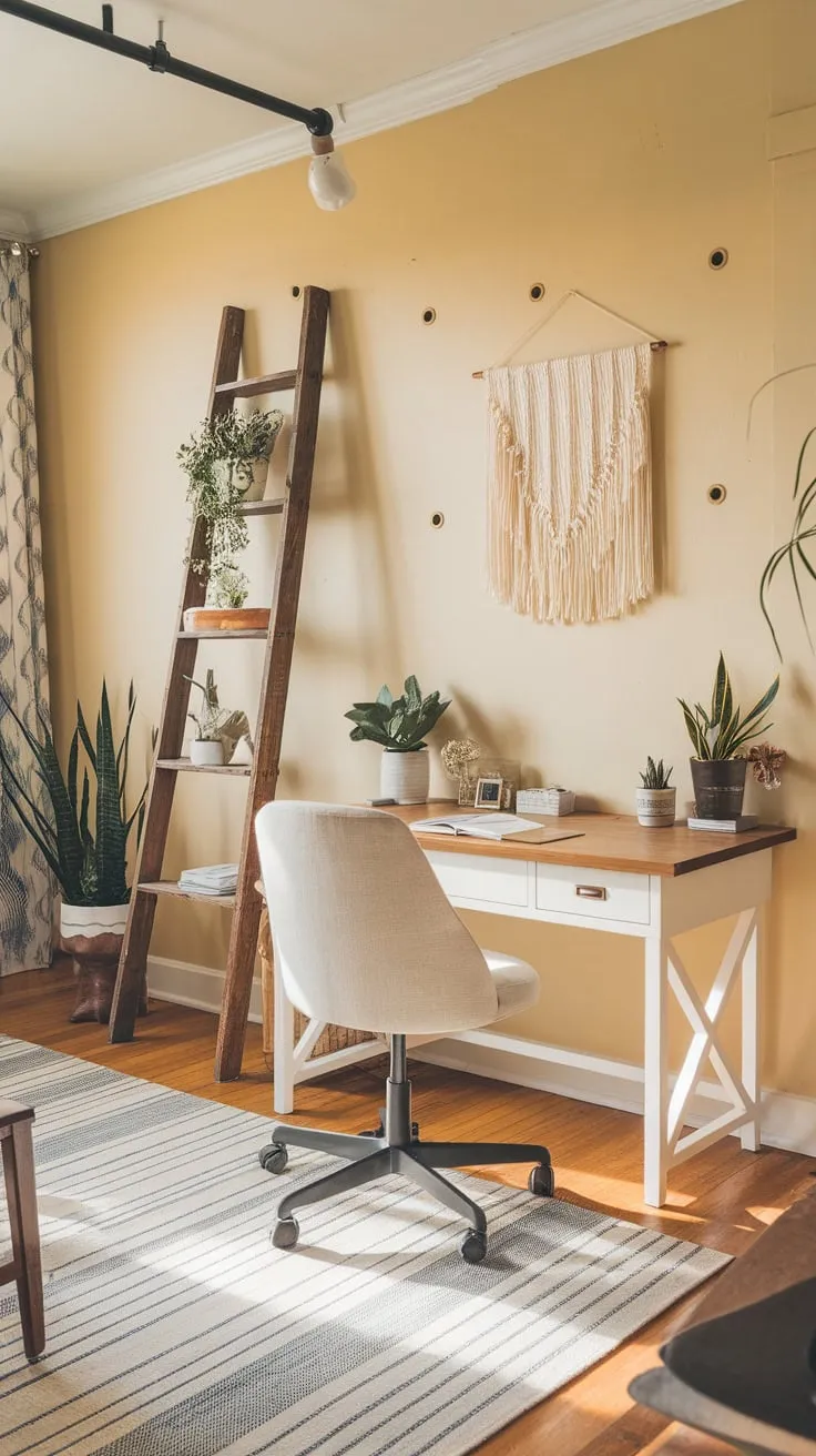 Warm hardwood floors and a white desk with wooden top create a sunny modern farmhouse office, accented by a worn wooden ladder and thriving plants.