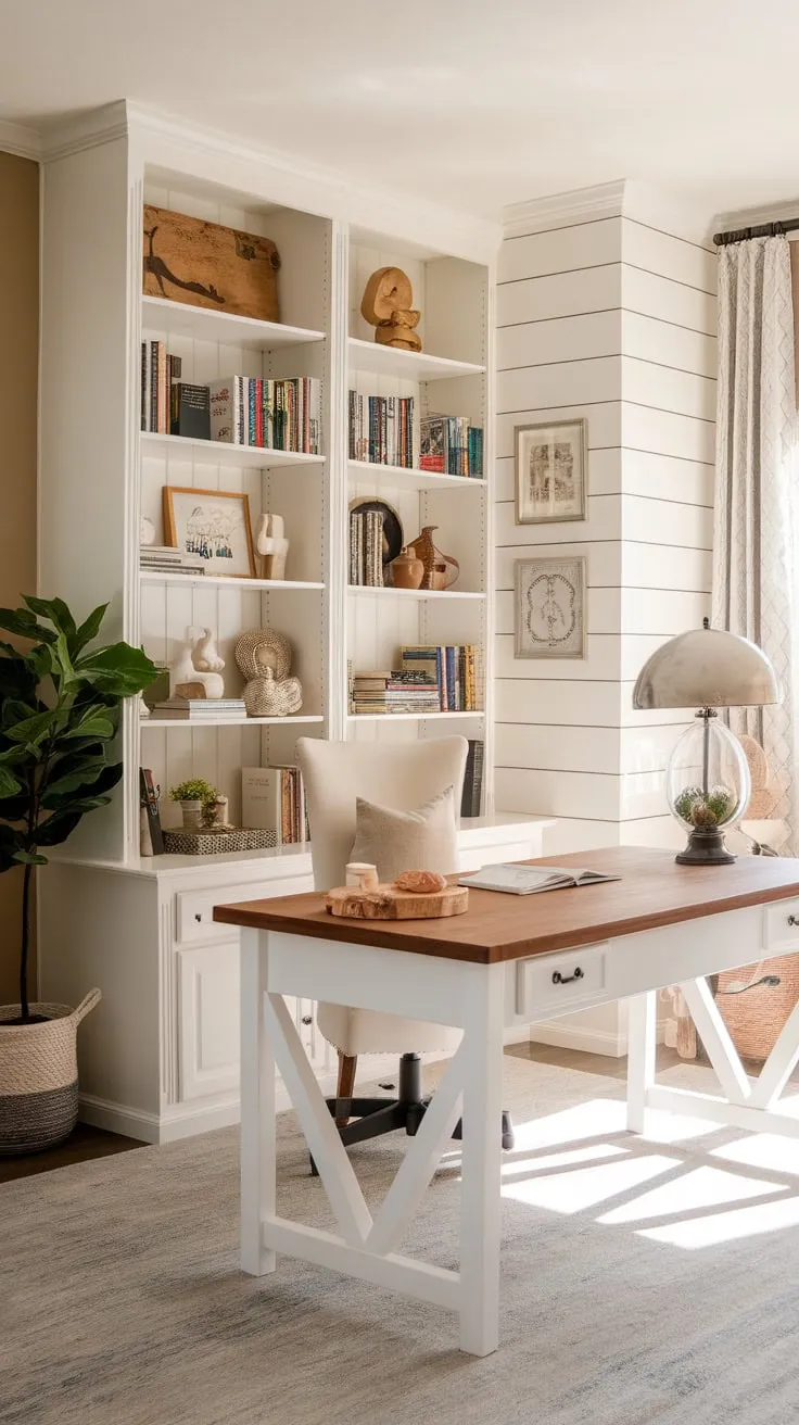 Sunlight streams into a charming farmhouse office, highlighting a white desk, cozy chair, and bookshelves brimming with personality.