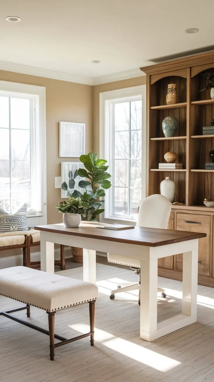A bright farmhouse office features a stylish mix of modern white and warm wood, creating a peaceful and productive atmosphere.