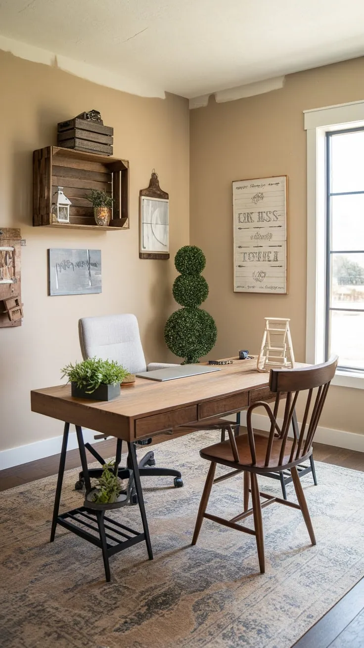 Natural light brightens a charming farmhouse office, complete with a wooden desk, cozy décor, and a patterned rug.