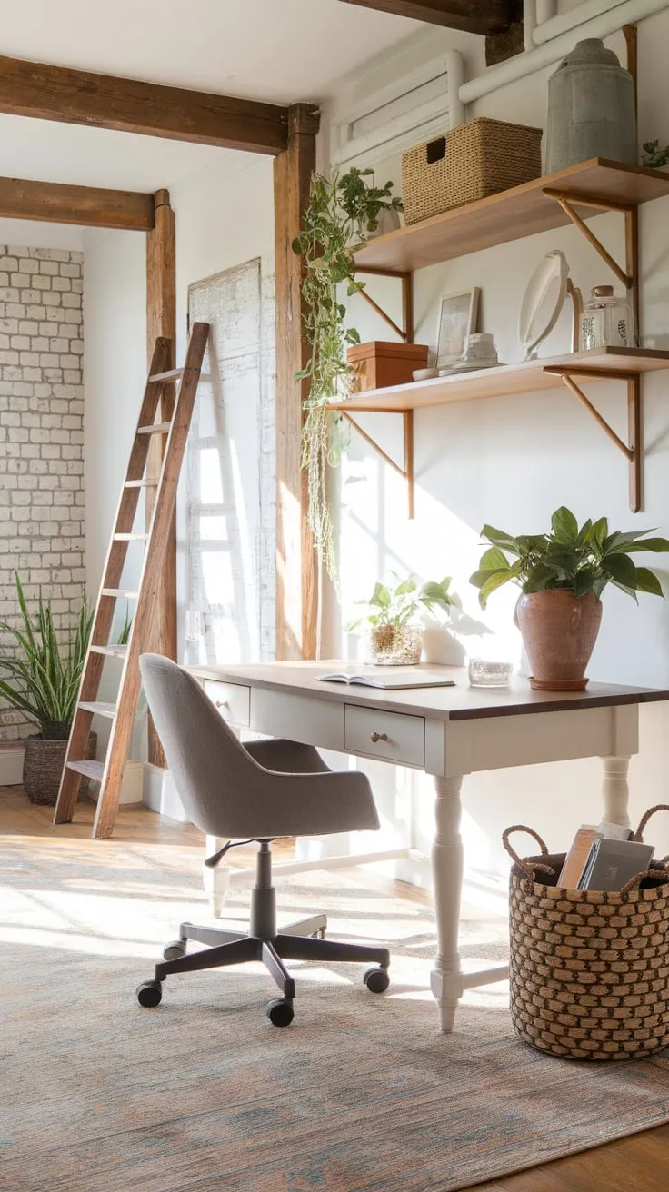 A bright farmhouse office boasts a white desk, grey chair, and wooden accents against a backdrop of brick and exposed beams.