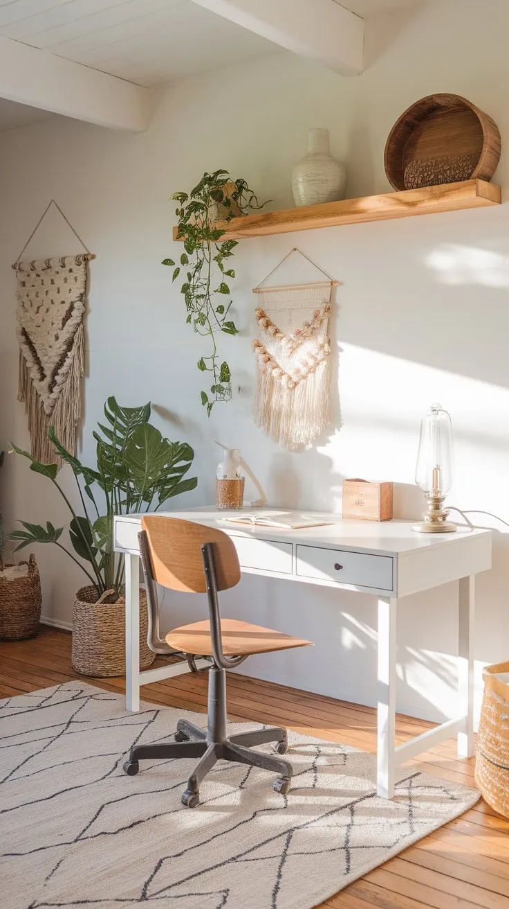 A bright modern farmhouse office blends white and wood tones, creating a warm and inviting workspace.