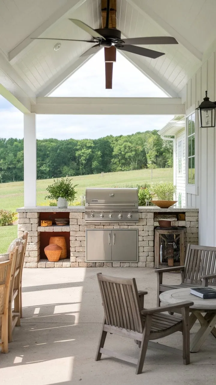 Relax on a farmhouse patio where the aroma of grilling food blends with fresh country air, creating a perfect retreat for unwinding and entertaining amidst stunning green vistas.