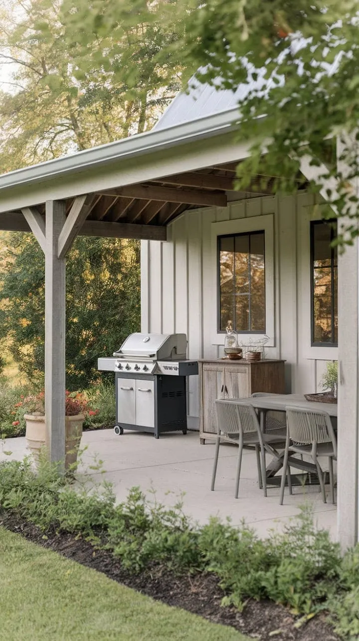 This farmhouse patio blends rustic charm with modern comfort, offering a cozy retreat for al fresco dining amidst lush greenery and warm wooden accents.