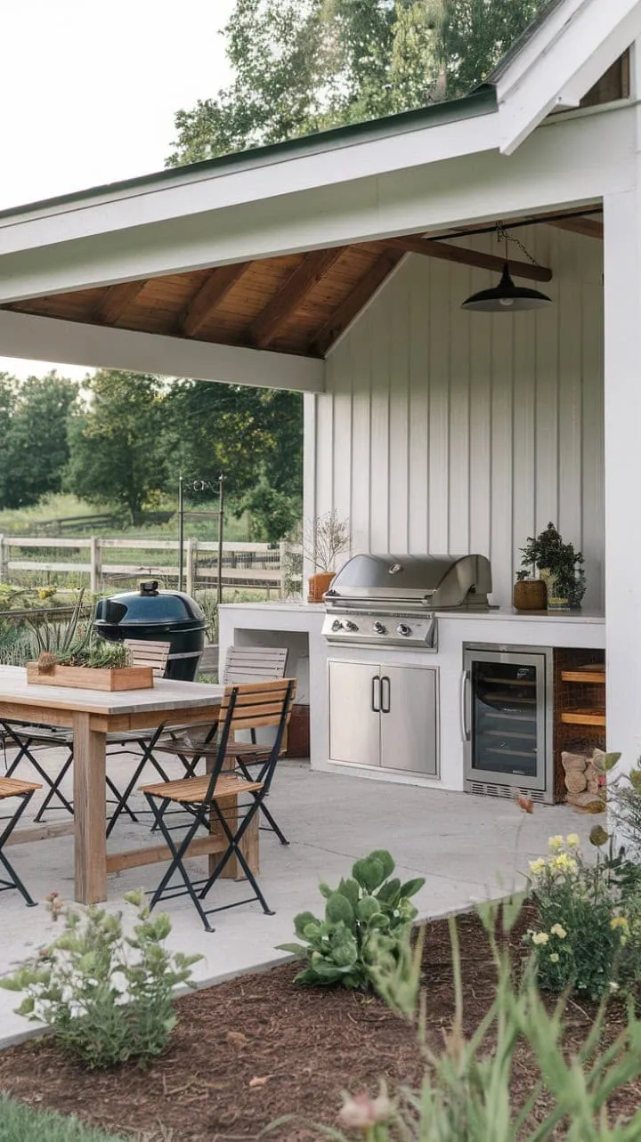 This enchanting farmhouse patio seamlessly blends culinary delights with sun-soaked serenity, creating a perfect retreat amidst lush greenery.