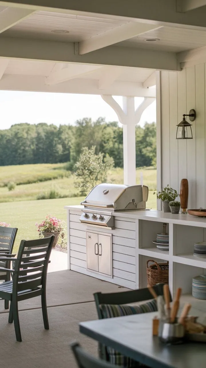 This farmhouse patio blends rustic charm with modern comfort, featuring a covered grilling area and lush greenery for unforgettable al fresco dining experiences.