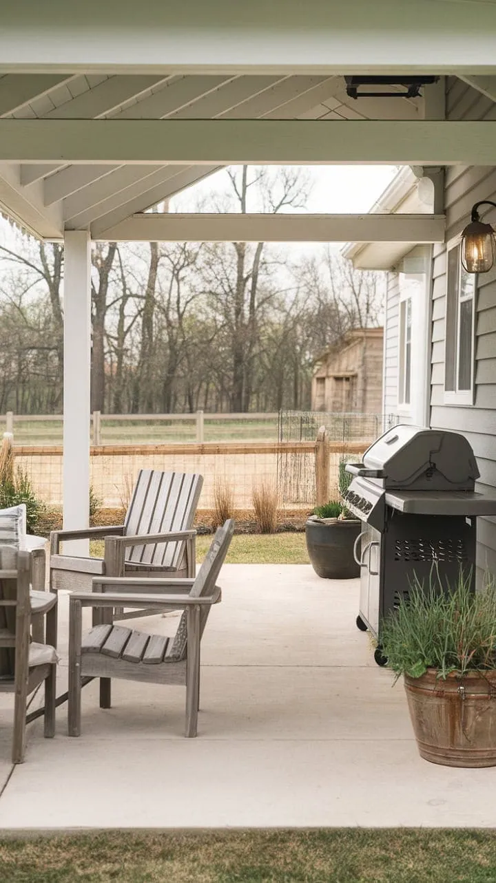 This farmhouse patio harmoniously combines rustic charm with outdoor serenity, featuring cozy seating, a grill for culinary delights, and a pot of fragrant herbs for a touch of homegrown bliss.