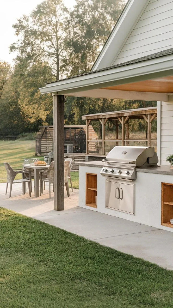 This idyllic farmhouse patio seamlessly blends rustic charm with modern amenities, creating a perfect oasis for unforgettable gatherings and relaxation.