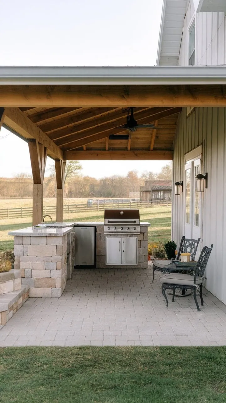 Experience the perfect blend of rustic charm and modern convenience in this idyllic farmhouse patio, where an outdoor kitchen and shaded retreat create an enchanting al fresco dining oasis.
