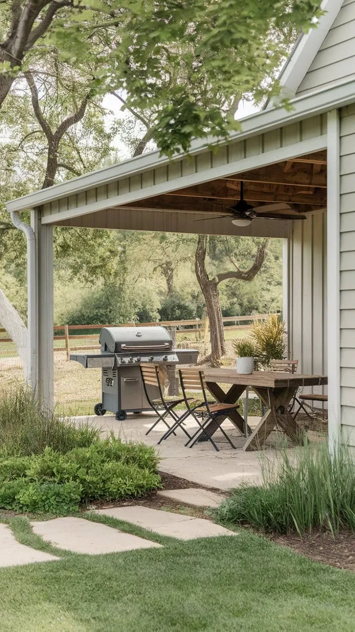 This enchanting farmhouse patio blends rustic charm with modern comfort, creating an idyllic al fresco dining retreat surrounded by lush greenery.