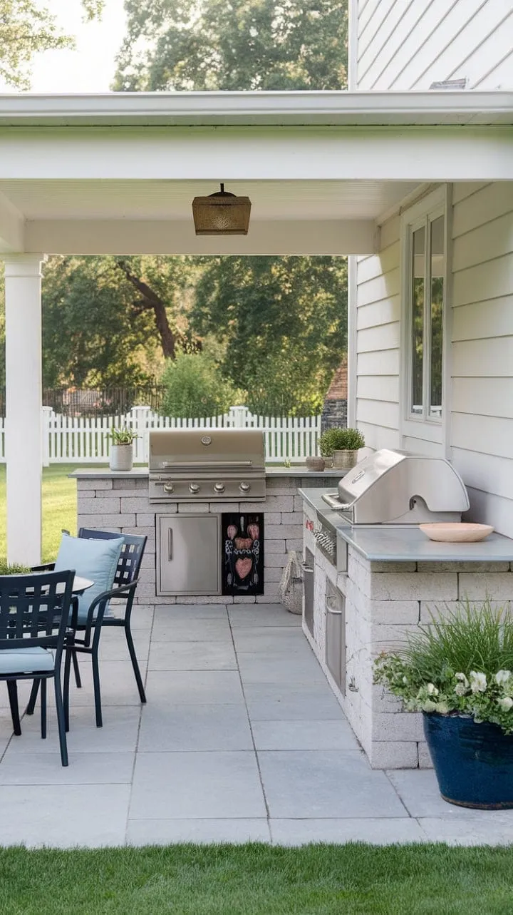 Experience the perfect fusion of rustic charm and modern convenience in this enchanting farmhouse outdoor oasis, where al fresco dining and serene gardens create unforgettable memories.