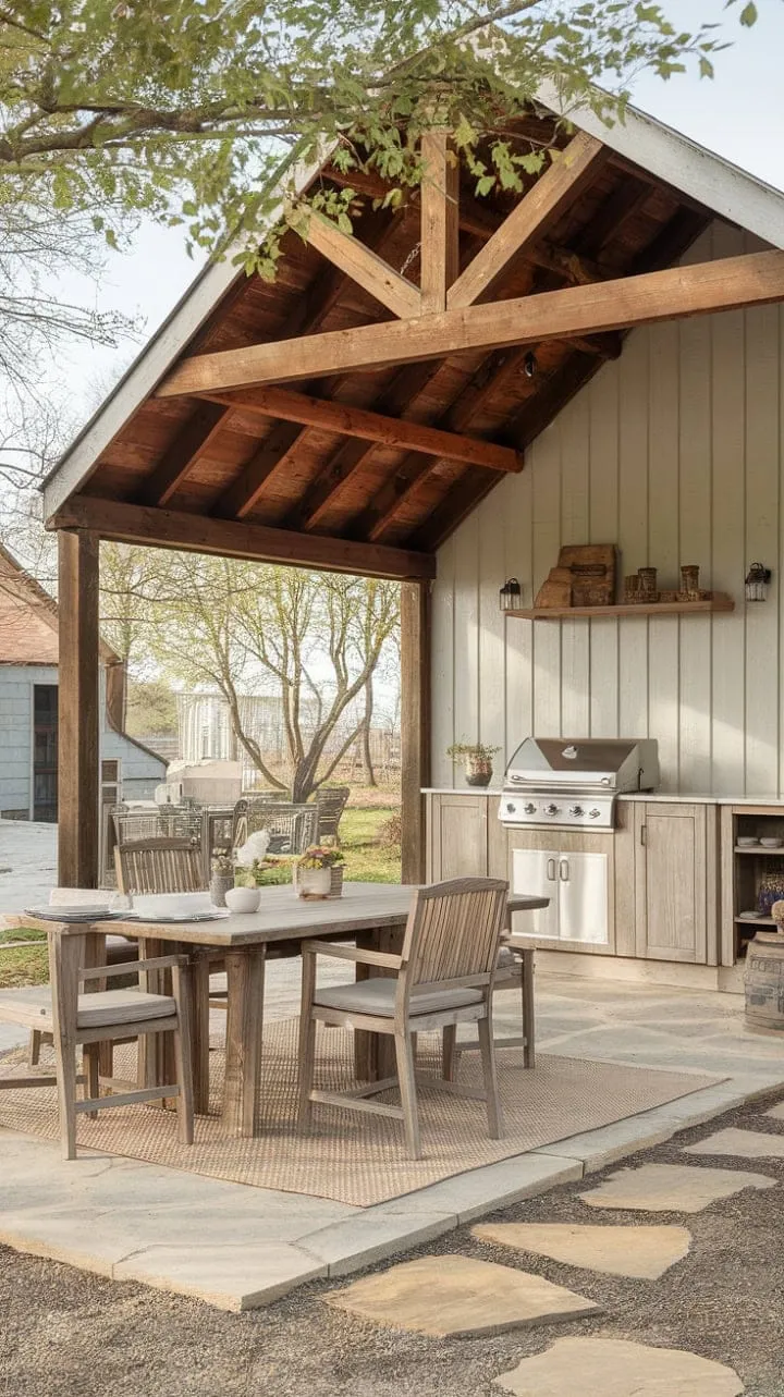 This farmhouse patio blends rustic charm with modern comfort, featuring a stone pathway to a cozy seating area for starlit evenings and a covered grill station for seamless entertaining.