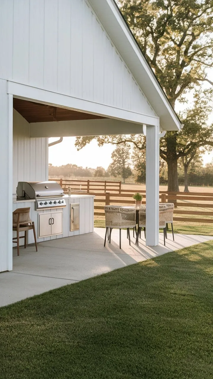 Experience the perfect blend of rustic charm and modern convenience in this serene farmhouse patio, where unforgettable gatherings come alive under soft lighting and a covered outdoor kitchen.