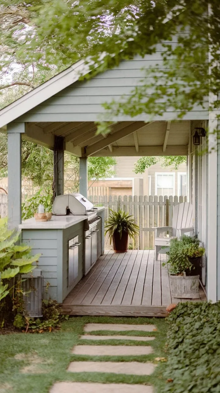 Experience the perfect blend of rustic charm and modern comfort in this serene farmhouse patio, where lush greenery and soft lighting invite you to unwind in style.