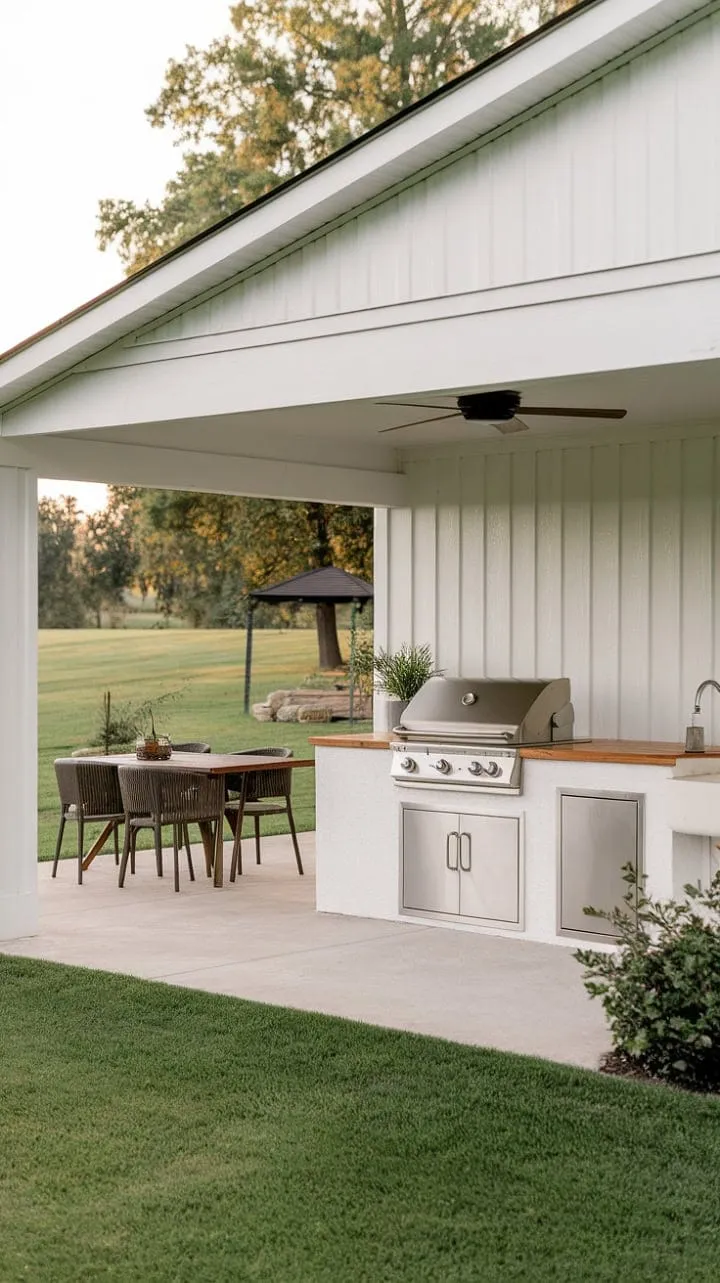 Experience serene evenings on the farmhouse patio, where the scent of grilling delights and a cozy outdoor kitchen create the perfect backdrop for relaxation and connection.