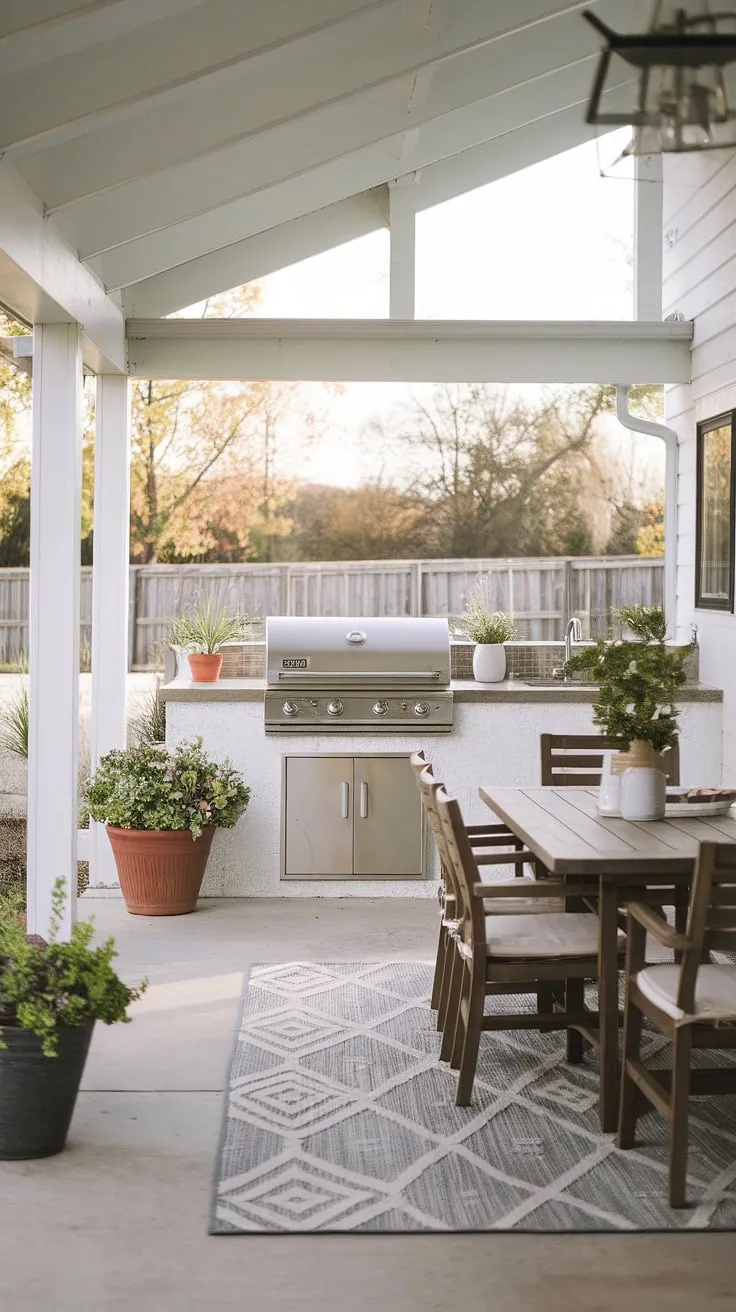 This farmhouse patio is the perfect blend of rustic charm and modern comfort. The outdoor kitchen, complete with grill and sink, makes entertaining a breeze, while the cozy dining area, shaded by the covered patio, invites relaxation and conversation. A tranquil escape awaits.