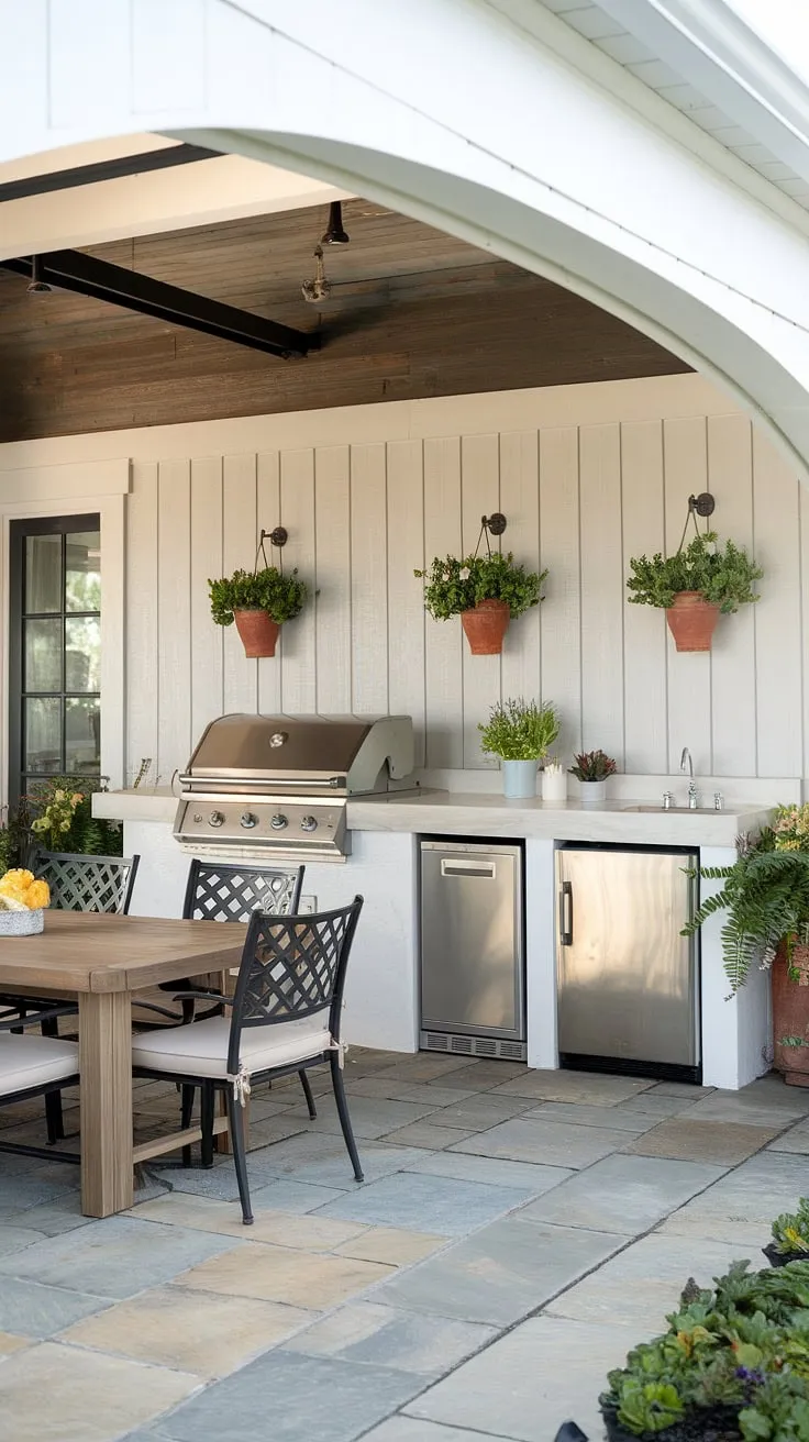 This farmhouse patio is the perfect blend of rustic charm and modern convenience. The covered area, complete with a grill, sink, and refrigerator, makes outdoor entertaining a breeze. A stone patio, lush potted plants, and a comfortable dining area create the ideal space for relaxing and enjoying the A-mazing views.