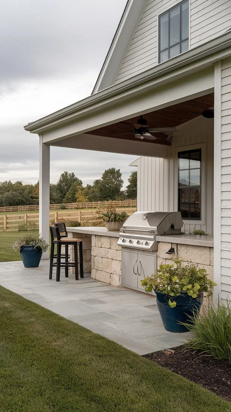 This stone patio, shaded by a charming pergola, is the epitome of outdoor living. A built-in grill and ample seating create the ideal space for A memorable summer gathering.