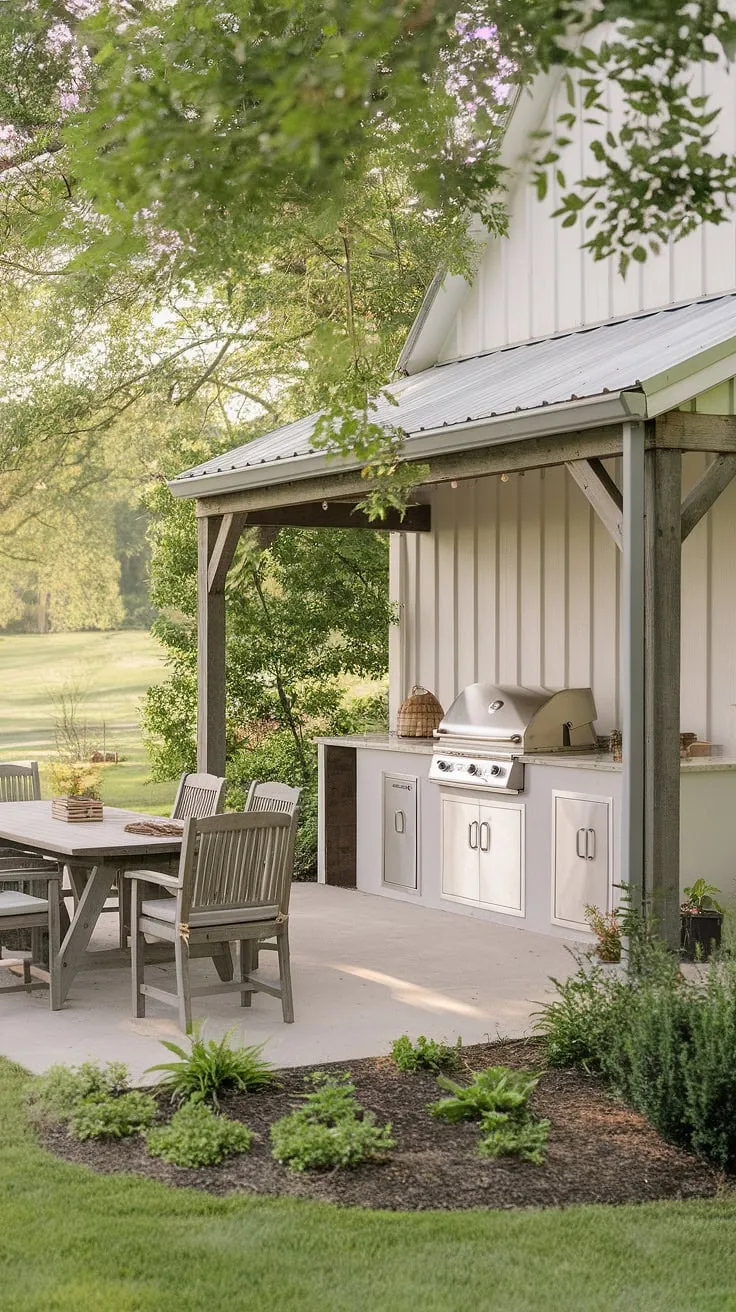Imagine yourself unwinding on this charming farmhouse patio, the scent of grilling food mingling with the fresh air. A picturesque setting, complete with a covered outdoor kitchen and comfortable seating area, awaits. A perfect blend of rustic charm and modern convenience.