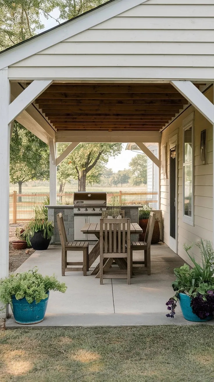 This idyllic farmhouse patio, complete with a grill and cozy covered dining area, is the epitome of A peaceful retreat. Imagine lazy afternoons spent amongst the potted plants, enjoying the fresh air and the sounds of nature. A perfect setting for creating lasting memories.