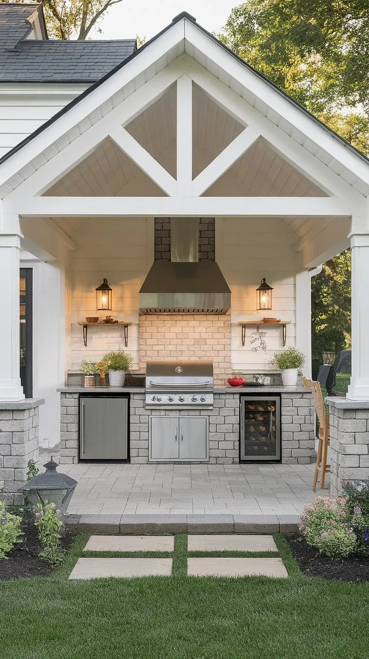 Escape to your own private oasis. This farmhouse outdoor kitchen and patio offers the perfect blend of rustic charm and modern convenience, creating an idyllic space for al fresco dining and unforgettable gatherings. A true testament to outdoor living.