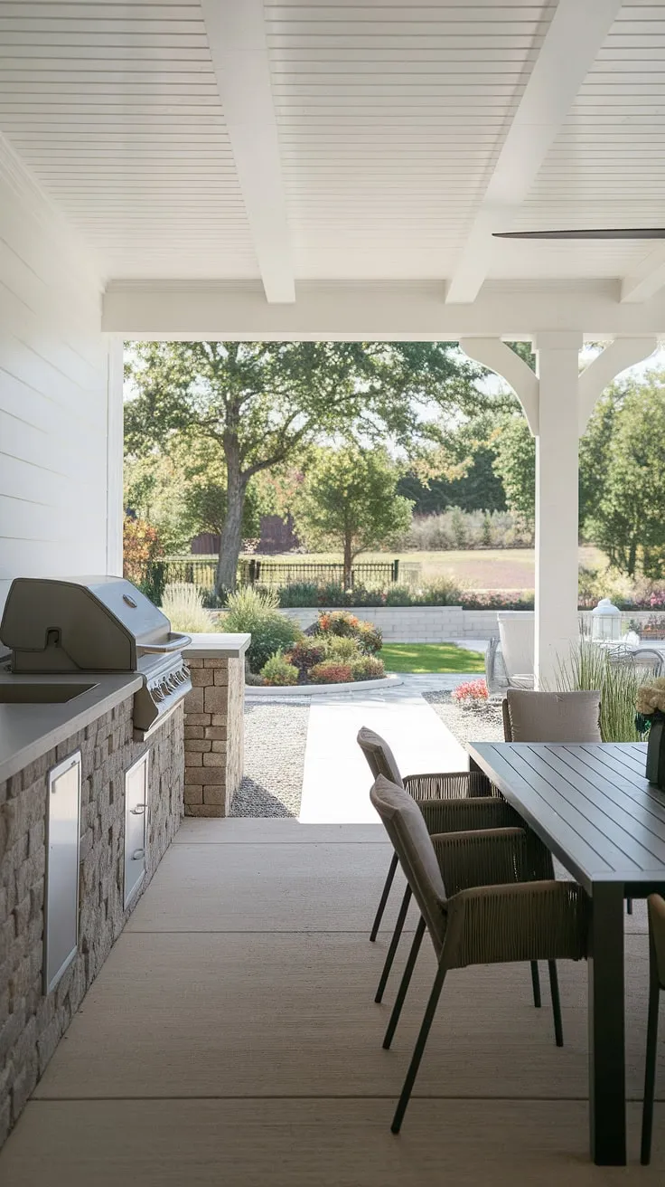 This charming farmhouse patio is an outdoor oasis. The thoughtfully designed space, featuring a built-in grill and outdoor kitchen, seamlessly blends comfort and functionality. Enjoy meals under the shade of the covered area, surrounded by the beauty of the meticulously landscaped yard. A true escape awaits.